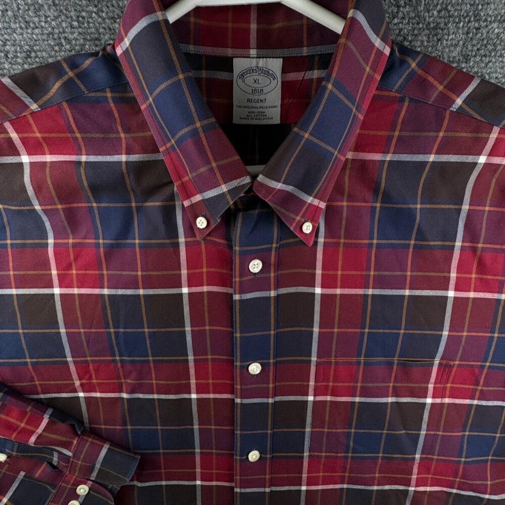 Brooks Brothers Cotton Button Up Shirt Long Sleeve Plaid Red Blue XL Regent Men